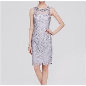 Adrianna Papell Rhinestone Floral Lace Overlay Sheath Dress in Silver Gold
